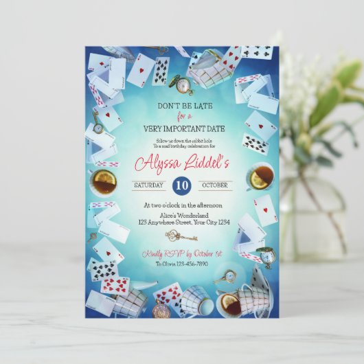 Alice in wonderland Thema Verjaardag uitnodiging (Staand voorkant)