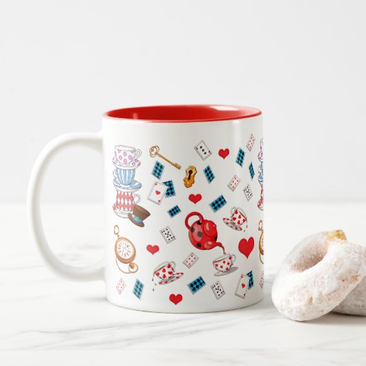 Alice in Wonderland Theme Pattern Tweekleurige Koffiemok (Met donut)