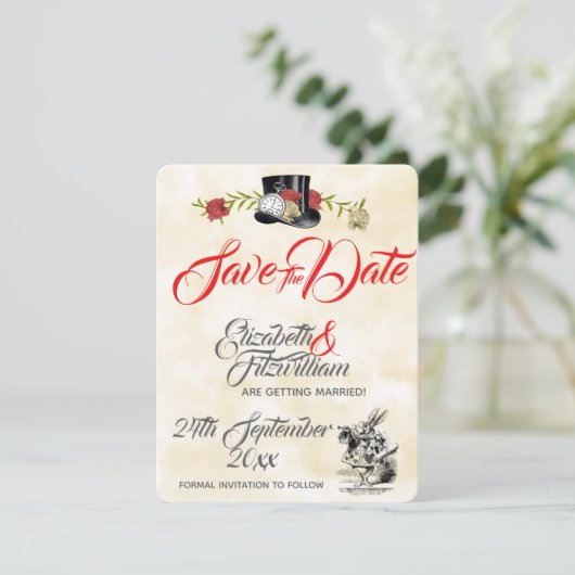 Alice in Wonderland Trouwdag Save The Date Kaart (Staand voorkant)