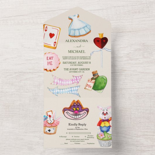 Alice in Wonderland trouwt in één uitnodiging (Binnen)