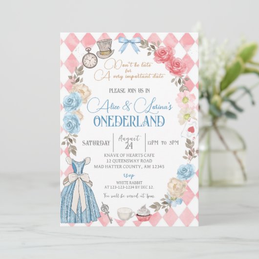 Alice in Wonderland, Tweeling Meisjes 1e Verjaarda Kaart (Staand voorkant)