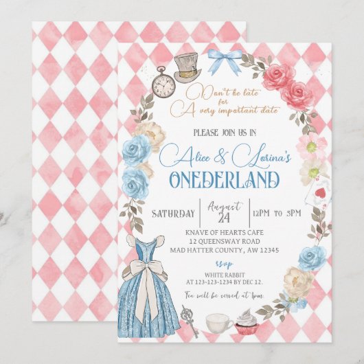 Alice in Wonderland, Tweeling Meisjes 1e Verjaarda Kaart (Voorkant / Achterkant)