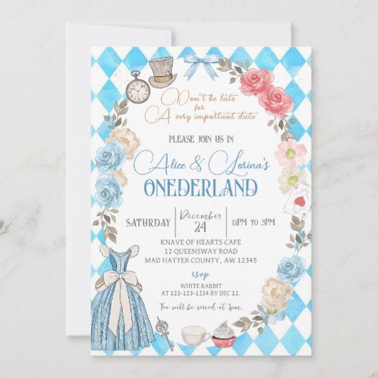 Alice in Wonderland, Twin Girls 1e Verjaardag Thee Kaart (Voorkant)