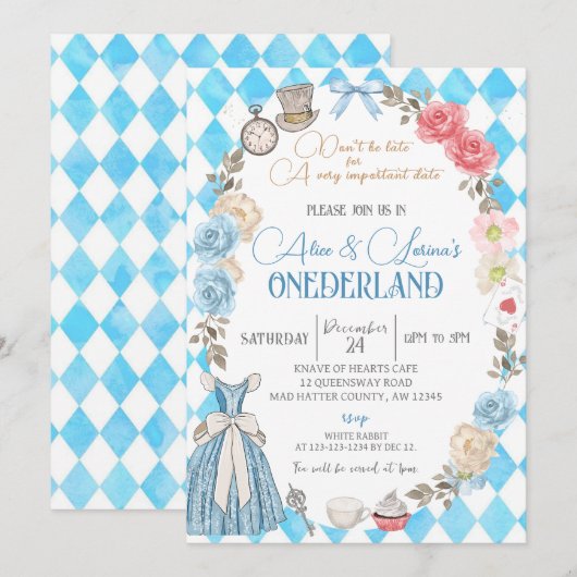 Alice in Wonderland, Twin Girls 1e Verjaardag Thee Kaart (Voorkant / Achterkant)