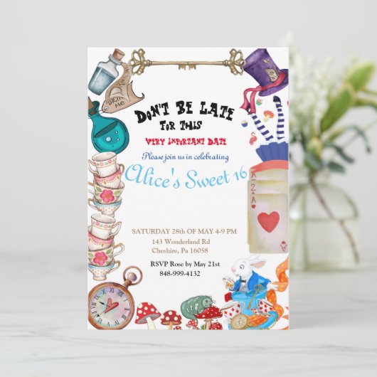Alice in Wonderland Uitnodiging (Staand voorkant)