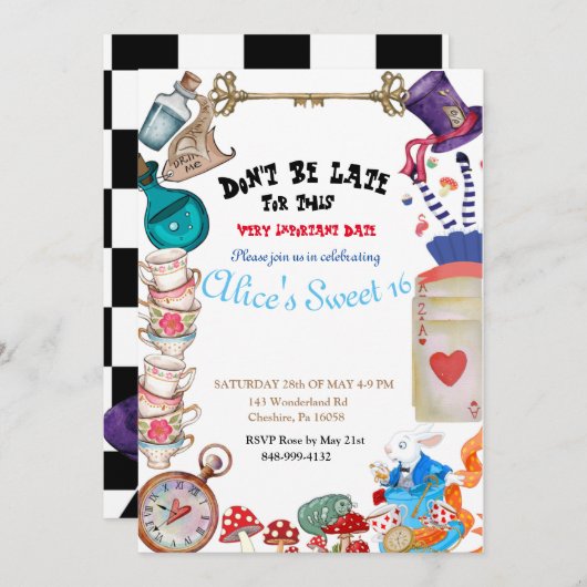 Alice in Wonderland Uitnodiging (Voorkant / Achterkant)