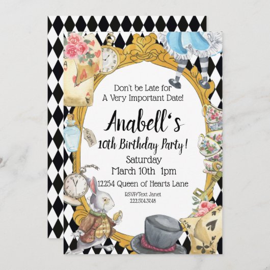 Alice in Wonderland Uitnodiging (Voorkant / Achterkant)