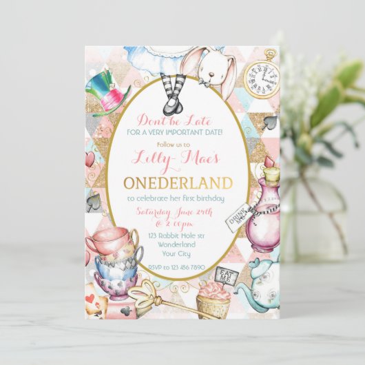 Alice in Wonderland uitnodiging, eerste verjaardag Kaart (Staand voorkant)