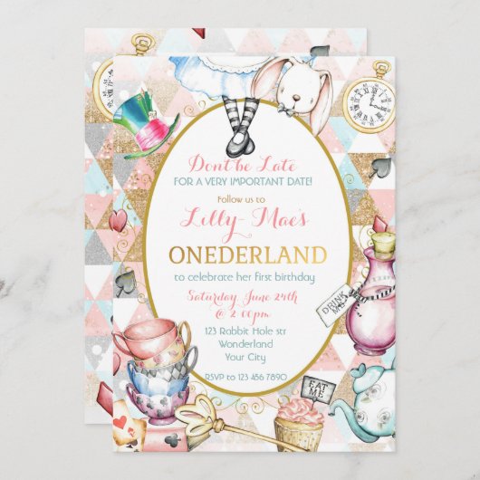 Alice in Wonderland uitnodiging, eerste verjaardag Kaart (Voorkant / Achterkant)