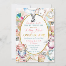 Alice in Wonderland uitnodiging, eerste verjaardag