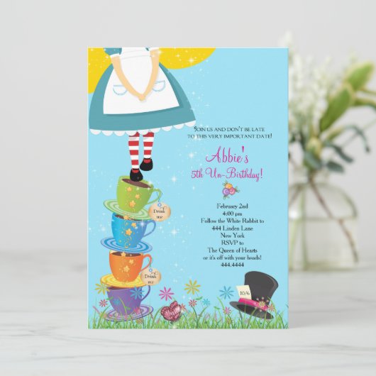 Alice in Wonderland - uitnodiging op zaterdag (Staand voorkant)