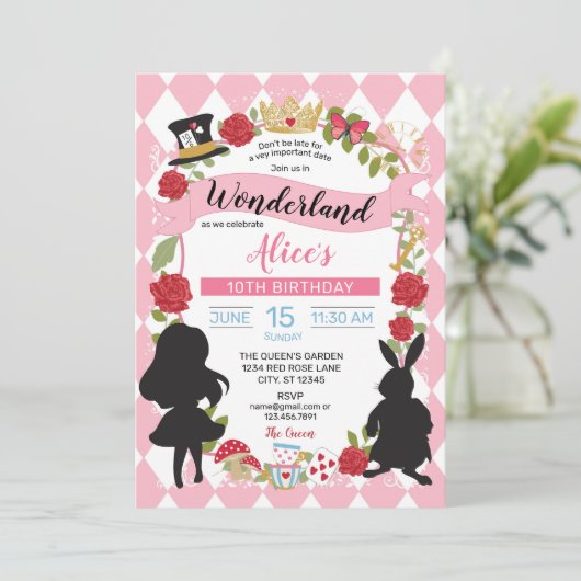 Alice in Wonderland - uitnodiging tot geboorte (ro (Staand voorkant)