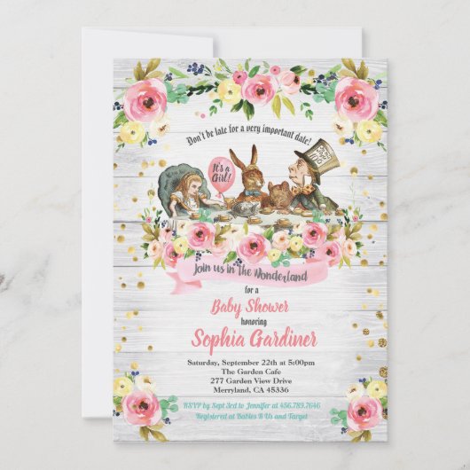 Alice in Wonderland, uitnodiging voor babymeisjes (Voorkant)