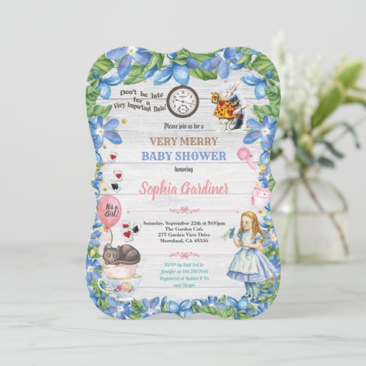Alice in Wonderland, uitnodiging voor babymeisjes (Staand voorkant)