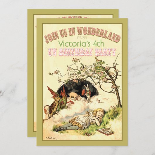 Alice in wonderland Uitnodigingen voor verjaardags (Voorkant / Achterkant)