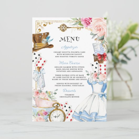 Alice in Wonderland Verjaardag Baby shower Menu (Staand voorkant)