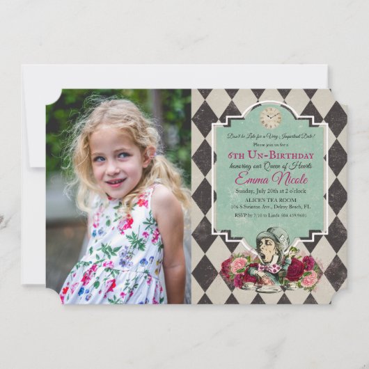 Alice in Wonderland Verjaardag Foto Uitnodiging (Voorkant)