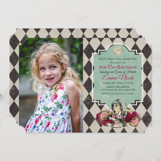 Alice in Wonderland Verjaardag Foto Uitnodiging (Voorkant / Achterkant)