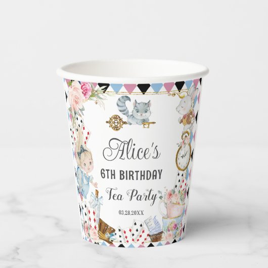 Alice in Wonderland Verjaardag High Tea Party Papieren Bekers (Voorkant)