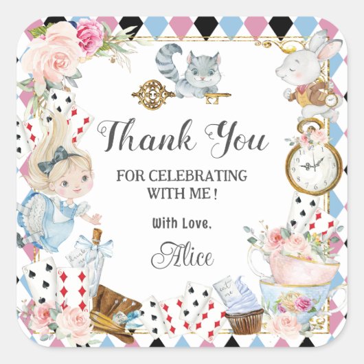Alice in Wonderland Verjaardag High Tea Party Vierkante Sticker (Voorkant)