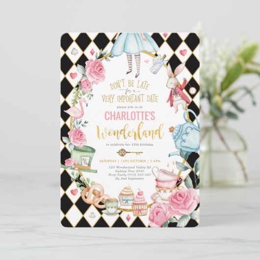 Alice in Wonderland Verjaardag Mad Hatter Tea Part Kaart (Staand voorkant)