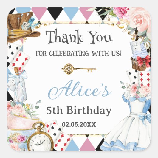 Alice in Wonderland Verjaardags Thee Party  Vierkante Sticker (Voorkant)
