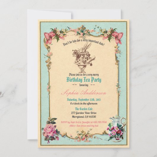 Alice in Wonderland verjaardagsfeestuitnodiging bl Kaart (Voorkant)