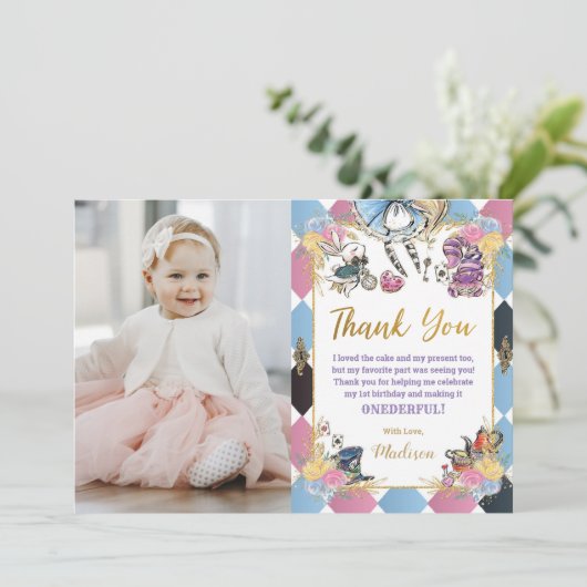 Alice in Wonderland Verjaardagsfoto Dank je kaart (Staand voorkant)