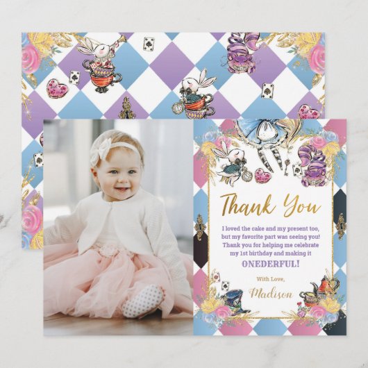 Alice in Wonderland Verjaardagsfoto Dank je kaart (Voorkant / Achterkant)