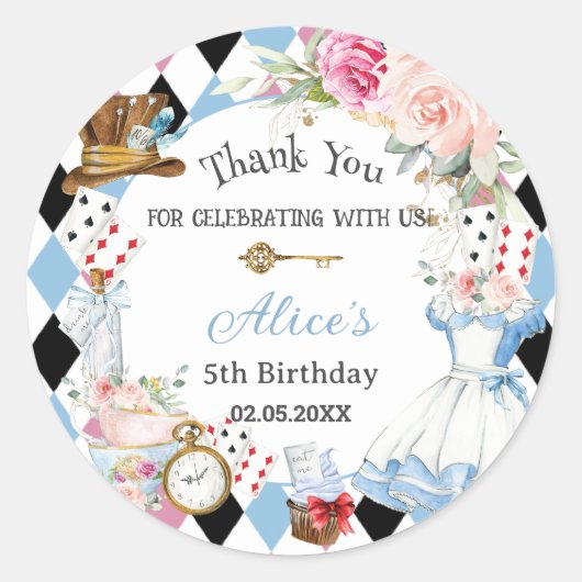 Alice in Wonderland Verjaardagsthee Party Ronde Sticker (Voorkant)