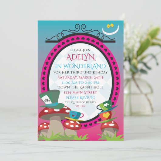 Alice in Wonderland verjaardagstheepartijuitnodigi Kaart (Staand voorkant)