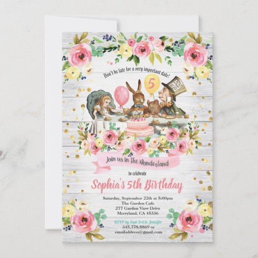 Alice in Wonderland verjaardagsuitnodiging floral Kaart (Voorkant)