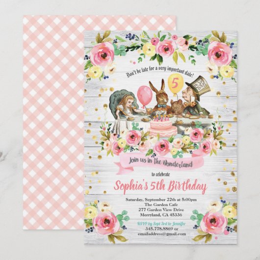 Alice in Wonderland verjaardagsuitnodiging floral Kaart (Voorkant / Achterkant)