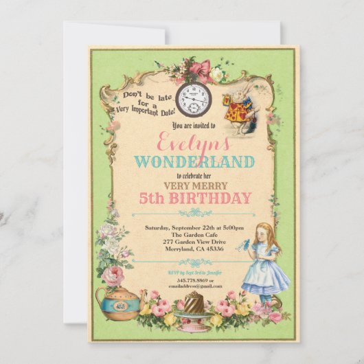 Alice in Wonderland verjaardagsuitnodiging groen Kaart (Voorkant)