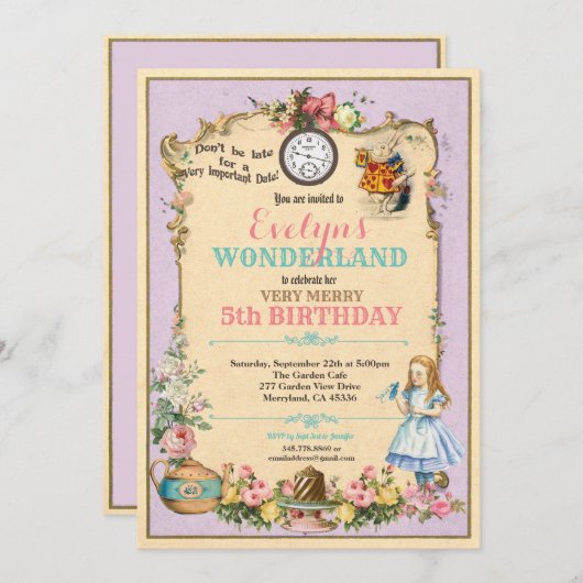 Alice in Wonderland verjaardagsuitnodiging paarse Kaart (Voorkant / Achterkant)