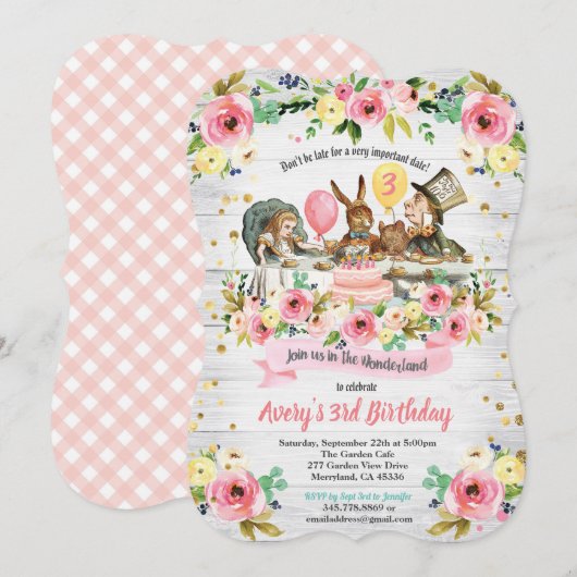 Alice in Wonderland verjaardagsuitnodiging roze Kaart (Voorkant / Achterkant)