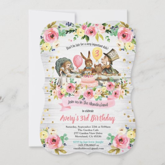Alice in Wonderland verjaardagsuitnodiging roze Kaart (Voorkant)
