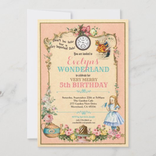 Alice in Wonderland verjaardagsuitnodiging roze Kaart (Voorkant)