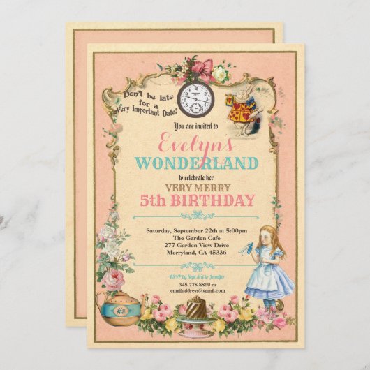 Alice in Wonderland verjaardagsuitnodiging roze Kaart (Voorkant / Achterkant)