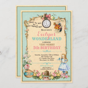 Alice in Wonderland verjaardagsuitnodiging turquoi Kaart