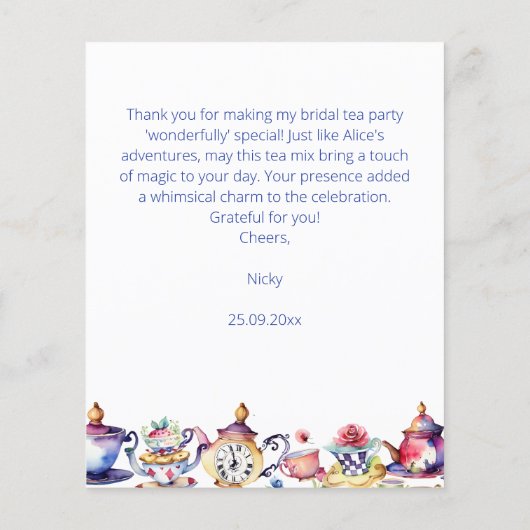Alice in wonderland vrijgezellenfeest dank u kaart (Achterkant)