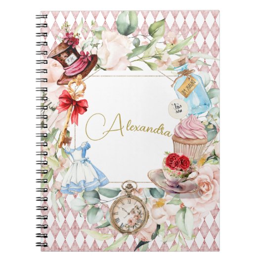Alice in Wonderland Waterverf Bloemen Persoonlijk Notitieboek (Voorkant)