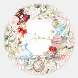 Alice in Wonderland Waterverf Bloemenroze Ronde Sticker
