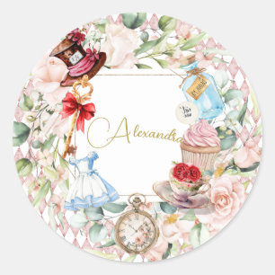 Alice in Wonderland Waterverf Bloemenroze Ronde Sticker