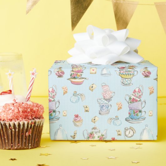 Alice in Wonderland Waterverf Blue Stripe Cadeaupapier (Verjaardagsfeest)