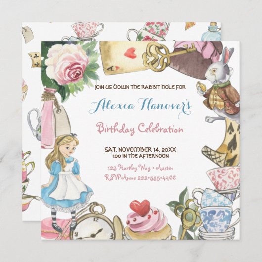 Alice in Wonderland Waterverf Hand Painted Rabbit Kaart (Voorkant / Achterkant)