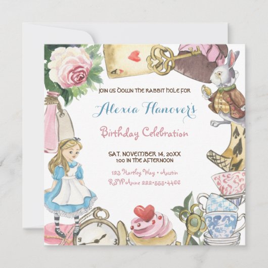 Alice in Wonderland Waterverf Hand Painted Rabbit Kaart (Voorkant)