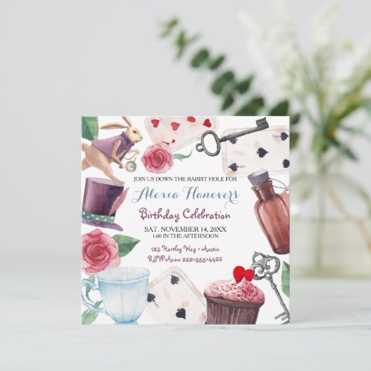 Alice in Wonderland Waterverf Hand Painted Rabbit Kaart (Staand voorkant)