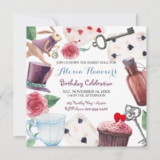 Alice in Wonderland Waterverf Hand Painted Rabbit Kaart (Voorkant)