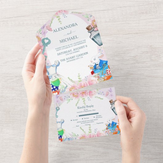 Alice in Wonderland Wedding All In One Uitnodiging (Afscheurbaar)